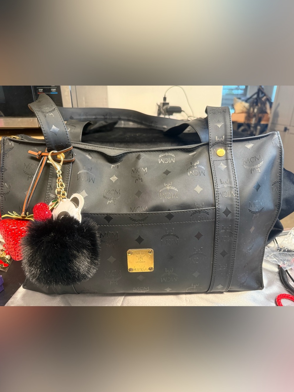 MCM Black Logo Laptop Medium Tote with Gold Plaque Vintage Visetos with charms